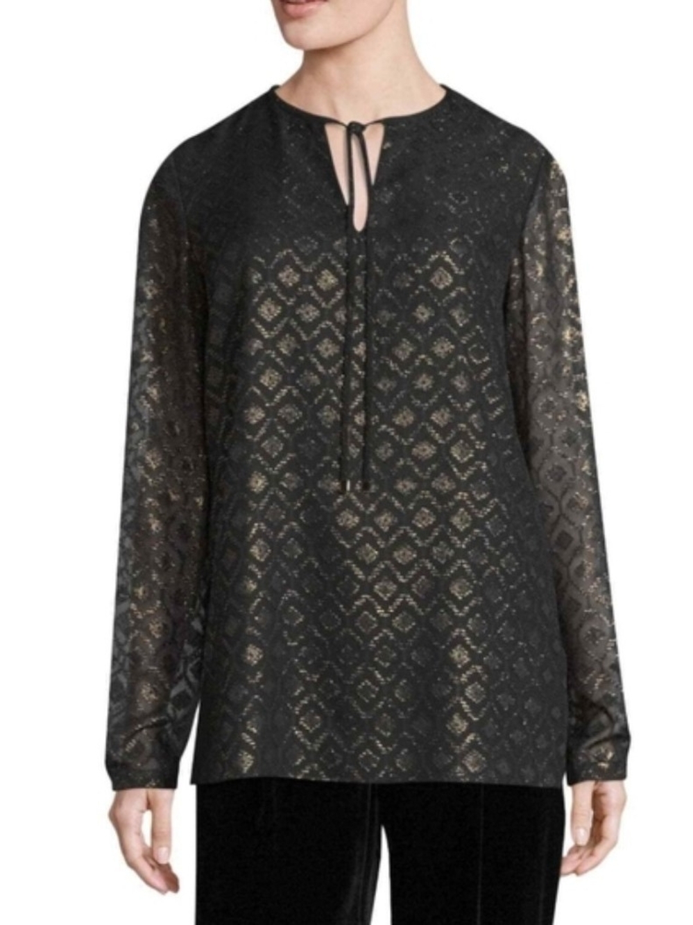 Lafayette Tie-Neck Metallic Jacquard Long-Sleeve Top - Black